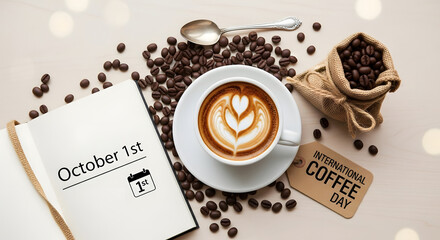Cozy october first morning with latte art coffee roasted beans and a journal celebrating coffee day