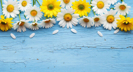 Bright daisies and yellow flowers border a rustic blue wooden background