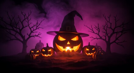 Spooky Glowing Jack O’ Lantern Pumpkins with Witch Hat in Haunted Halloween Night Scene