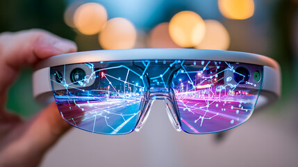 Smart glasses with augmented reality display showing digital overlays and futuristic interface elements