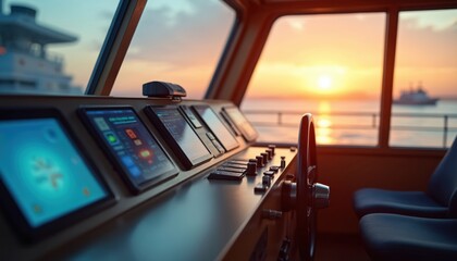 Modern ship bridge interior featuring digital control panels and steering wheel. Sunset glows over the calm ocean horizon. Nautical navigation technology, maritime transport vessel command center.