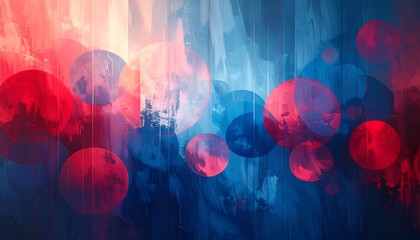 Abstract art with red and blue circles on a textured background