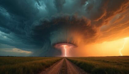 Massive tornado forms over open plain during severe thunderstorm. Dramatic lightning strikes illuminate stormy sky, creating powerful, awe-inspiring natural phenomenon. Vast, grassy field, dirt road