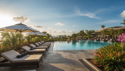 Fototapeta premium Luxury Resort Poolside with Sunbeds and Tropical Relaxation