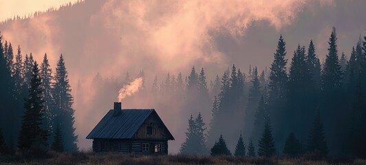 Lonely Cabin Smoking in Misty Pines