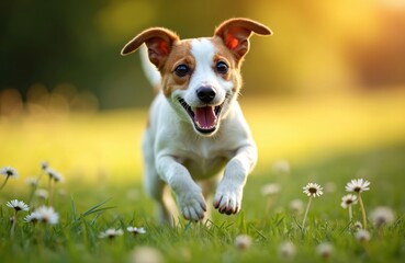 Joyful dog runs through green grass field with daisies. Cute puppy plays outdoors, enjoying sunny springtime weather. Animal happiness, speed, motion create vibrant energy. Perfect for pet food ads