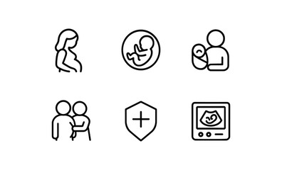 Linear icons of pregnancy and parenthood: baby, ultrasound, family, newborn care
