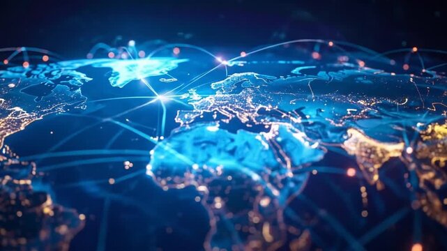 Digital World Map with Connected Lines in Blue and Orange Glowing Points of Light Against Dark Background Shows Global Network Technology