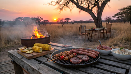 A traditional South African braai unfolds at a scenic game reserve during golden hour, as the sun dips below the horizon in a blaze of amber, orange, and purple hues