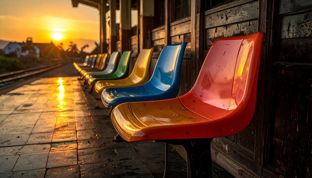 Colorful chairs at a train station at sunset