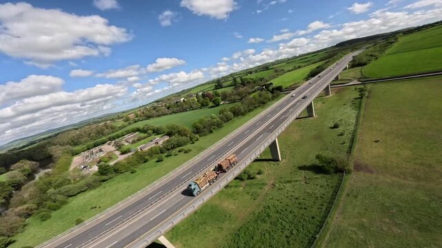 Irish Logging Truck Timber Lorry Motorway M8 river Blackwater Viaduct Drone Video 4K Aerial Footage Ireland