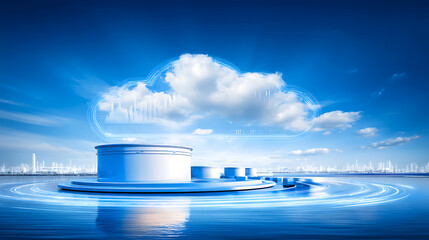 Digital cloud infrastructure over a futuristic cityscape with water reflections and circular platforms