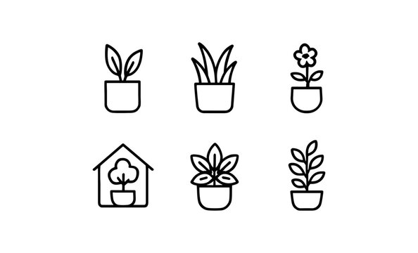 Minimalist potted plants set with simple line art designs for home and garden decor