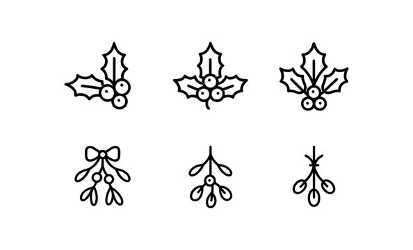 Minimalist holly and mistletoe icons for festive design projects