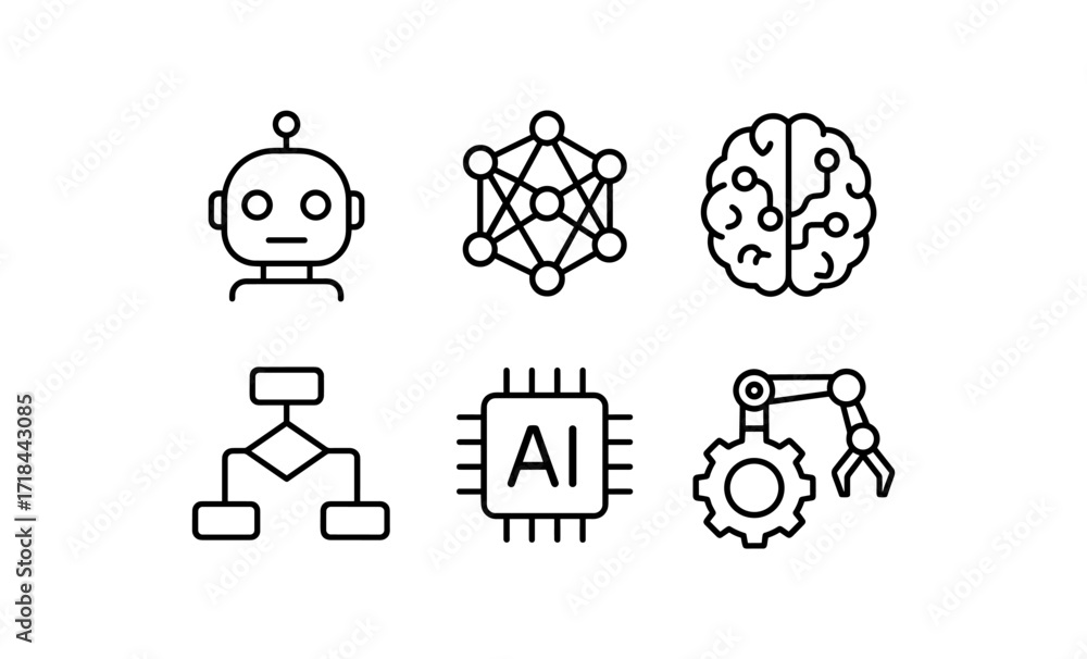 Poster linear icons of robotics and artificial intelligence illustrating technology concepts