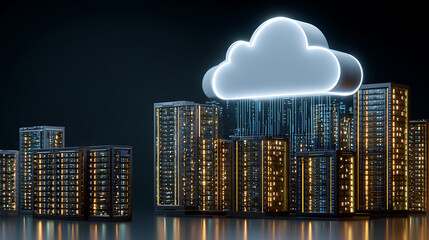 A futuristic cityscape at night with illuminated skyscrapers and a glowing cloud above, symbolizing cloud computing technology.