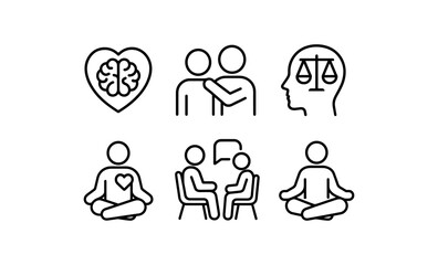 Mental health and wellbeing icons: meditation, support, balance, and communication
