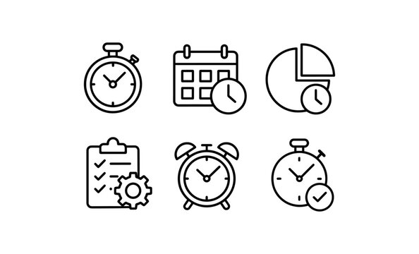 Linear time management icons: clocks, calendars, and checklists for organization