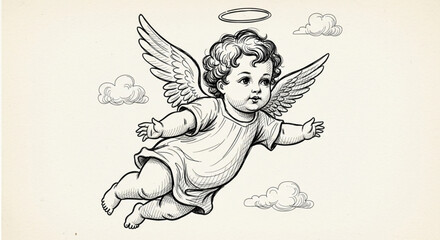 Victorian Baby Angel Flying Sketch Hand-Drawn Drawing with Angel Wings - Vector Illustration