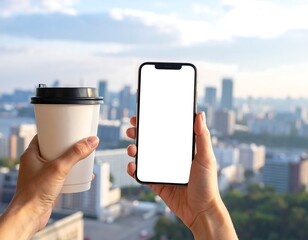 Hands holding coffee and phone outdoors (1)