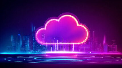 Neon cloud icon with glowing lines and futuristic cityscape background