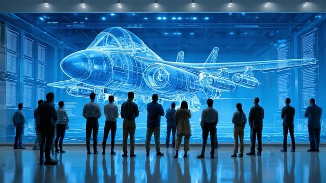 Aviation Blueprint: A team of professionals meticulously observes an impressive aircraft blueprint, their gaze fixed on intricate details and innovative design in a cutting-edge engineering facility.