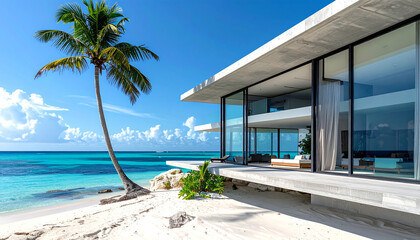 エメラルドグリーンの海を望むガラス窓付きモダン戸建住宅