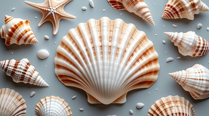 A flat lay of assorted seashells and a starfish on a pale gray background