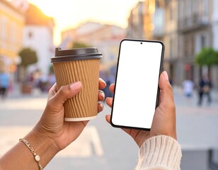 Hands holding coffee and phone outdoors