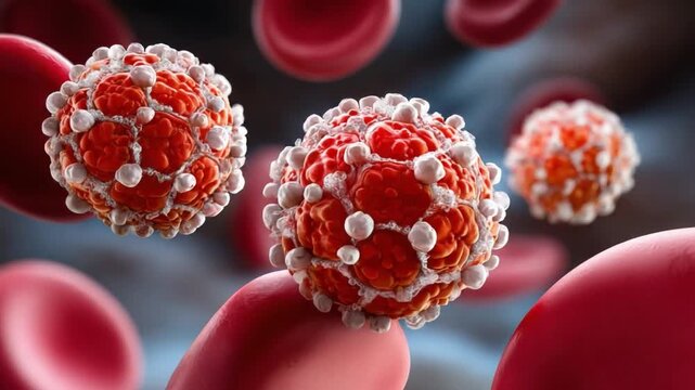 Microscopic World of Disease: Vivid imagery of viral structures amidst a sea of red blood cells, representing the battle within the body.