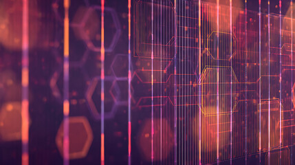 Abstract digital network with glowing hexagonal patterns and vertical lines in vibrant red and purple hues