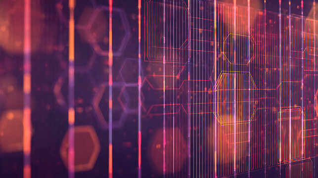 Abstract digital network with glowing hexagonal patterns and vertical lines in vibrant red and purple hues