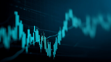 Digital candlestick chart showing financial market trends with upward movement on a dark background