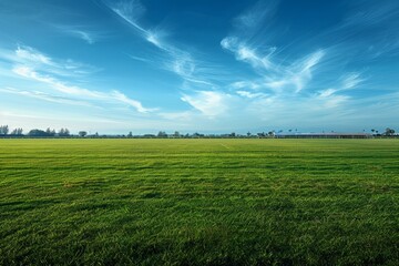 Obraz premium Empty soccer stadium ready for competition with green field under a clear blue sky