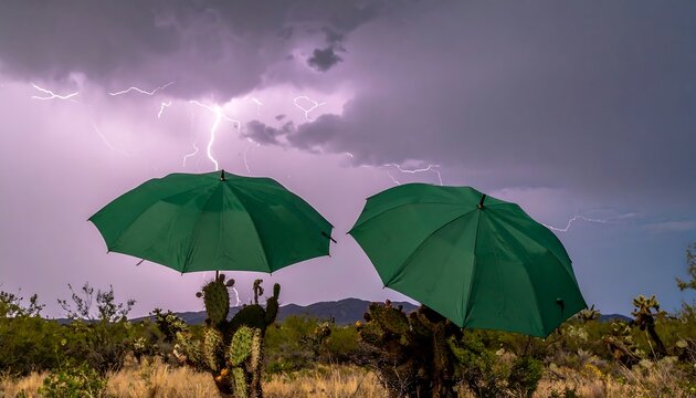 Green umbrellas during a storm - Powered by Adobe