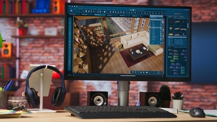 Assets being moved in 3D modeling program in rendered apartment for interior design project, handheld camera shot. Close up of CAD program used for modelling room virtual furniture