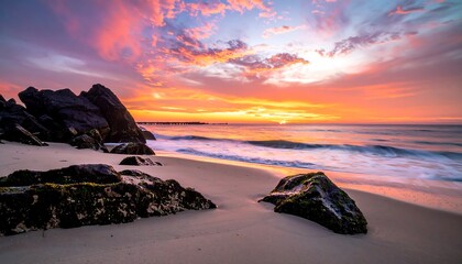 Sunrise over a beach with rocks