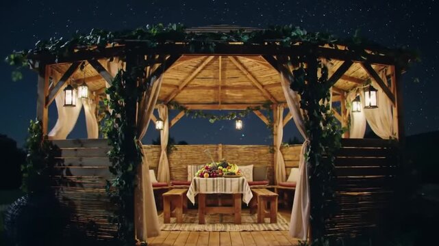 Illuminated wooden gazebo with table set for dining under a starry night sky.