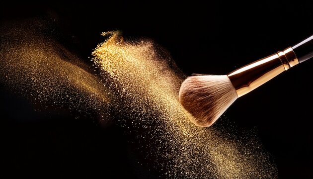 generatelegant gold glitter particles spread with makeup brush on black background ed image