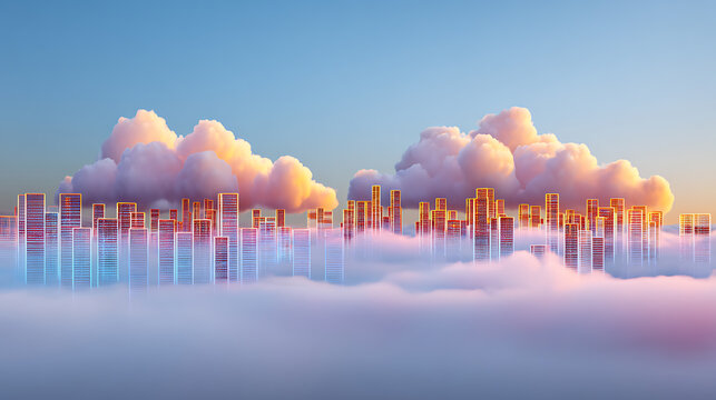 Futuristic city skyline emerging from clouds with glowing buildings and soft pastel sky