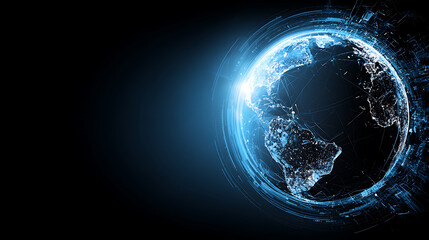 Digital representation of Earth with glowing blue network overlays and illuminated continents against a dark background