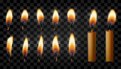 Flame on match, Bday cake glowing candle set. Light memory candle fire, small 3d transparent isolated candlelight. Birthday wedding blow out heat shape. Shining diwali hanukkah decor, church lighter