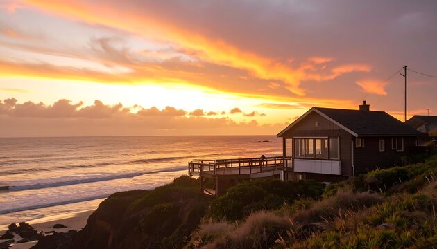 Coastal sunset view of a small house