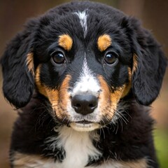 Adorable puppy with black, white, and tan fur