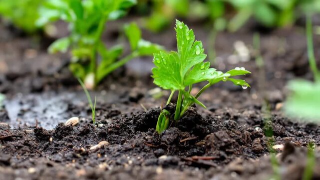 Close Up Of Small Celery Plant In Dark Soil With Water Droplets In Natural Light Garden Setting For Adobe Stock