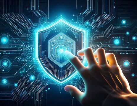 a hand touching a glowing antivirus security interface with a circuit board background futuristic cybersecurity concept with digital protection ai generative