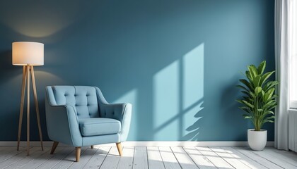 Modern living room features plush blue armchair, sleek floor lamp, potted plant against teal wall. Sunlight streams through window, casting geometric shadows on light wood floor. Ample copy space for