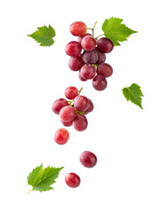 Fototapeta premium Fresh red grapes with leaves floating, capturing summer harvest and natural sweetness for healthy eating and vibrant designs
