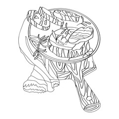 Camembert cheese, grilled bread slices with a cutting board and a kitchen towel. Hand-drawn coloring page