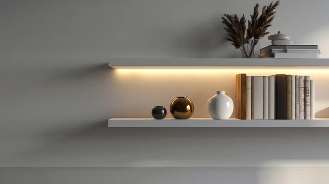 Minimalist Interior Featuring Floating Shelves with Neutral Tone Books and Decorative Vases Against a Light Gray Wall with Ambient Lighting